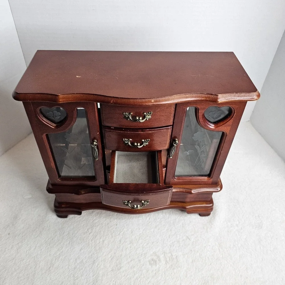 Wood Jewelry Box Chest w/ Mirror, Velvet Lined, Ring Holder, Heart, Brown